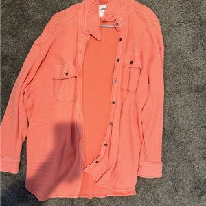 Coral Button-Up Waffle Knit Shirt